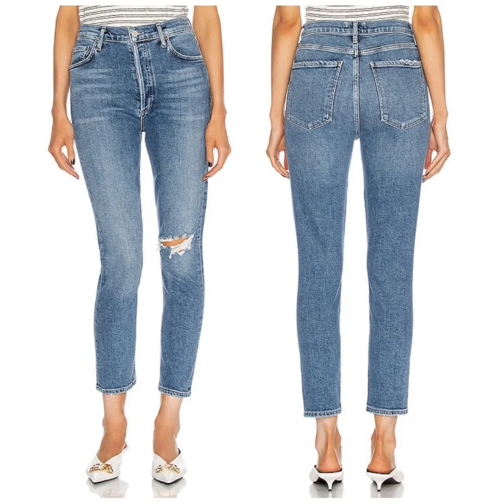 •AGOLDE• Nico‎ High Rise Button Fly Slim Jean Shoreline Wash Distressed Size 32